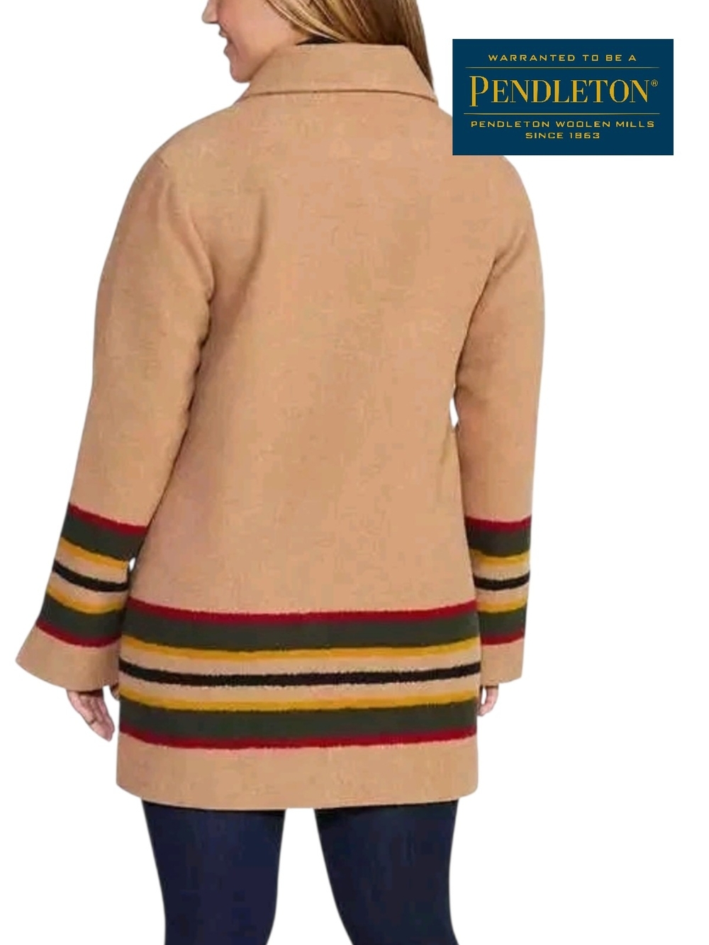 Pendleton Wool Topper Coat Camel Tan Striped Cuffs Hem Pockets Women Large NWOT - Picture 5 of 11